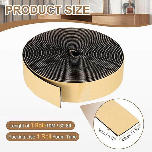 PATIKIL Foam Insulation Tape, 1-3/4" W x 1/8" t x 32.8FT Self Adhesive Weather Stripping Door Seal Strip for Door Window Air Conditioning, Black