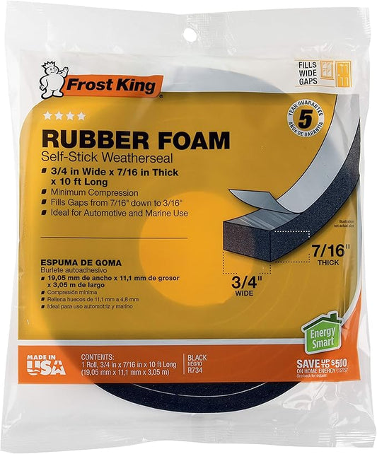 Frost King Foam Tape, Sponge Rubber, 3/4" W X 7/16" H | 10' L | Black | 5/16" T | Pack of 2
