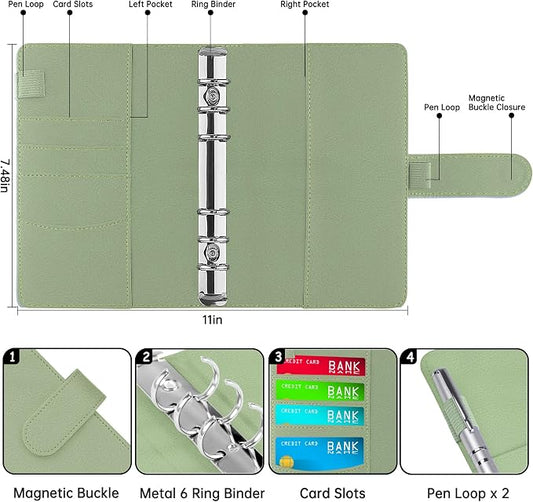 Antner A6 Notebook Binder Refillable 6 Ring Budget Binder Cover for A6 Refill Paper, PU Leather Budget Planner Organizer with Magnetic Buckle, Loose Leaf Personal Planner, Matcha Green