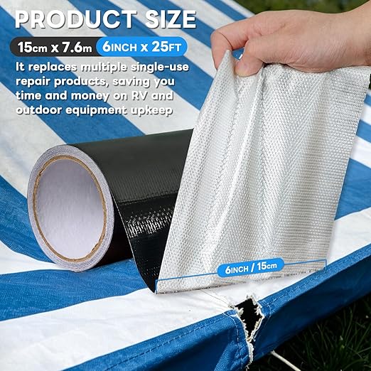 Tikfoam Waterproof Repair Tape for RV Underbelly, Awning, Tarp, Tent, Nylon, Sail and Boat Cover Outdoor Repair Patch, Heavy Duty, UVproof, Multipurpose Black, 6 in x 25FT