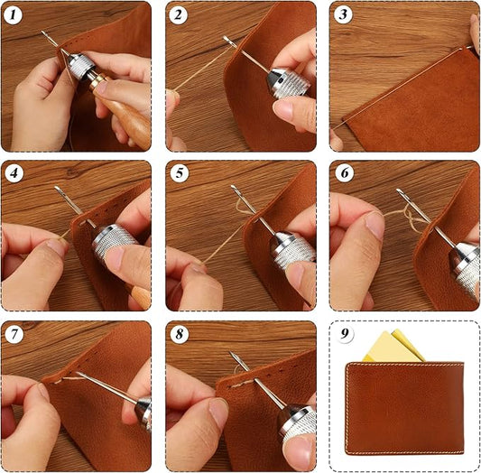 WILLBOND 12 Pcs Leather Sewing Awl Kit Hand Stitcher Including Handheld Sewing Repair Awl Straight and Bent Needles and 8 Rolls Waxed Threads with Small Screwdriver for DIY Craft