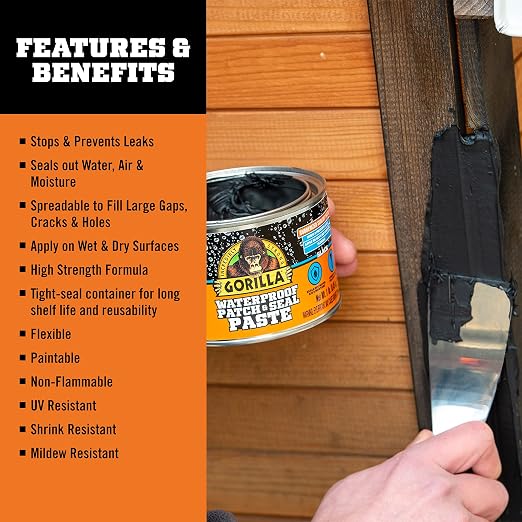 Gorilla Waterproof Patch & Seal Rubberized Sealant Paste, Black, 1lb Can (Pack of 1)