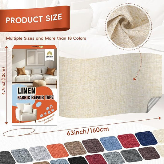 Linen Fabric Repair Tape 4.7x63 Inch, Self Adhesive Couch Patch Repair Fabric Tape for Furniture, Linen Patch Kit for Couch, Carpet, Upholstery, Chair, Sofa, Cushion, Bag (Dark Beige)