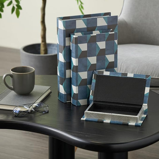 Deco 79 Faux Leather Decorative Box Faux Book Storage Book Shaped Boxes with Black and White Geometric Patterns, Set of 3 Decorative Keepsake Boxes 13", 11", 9"H, Blue
