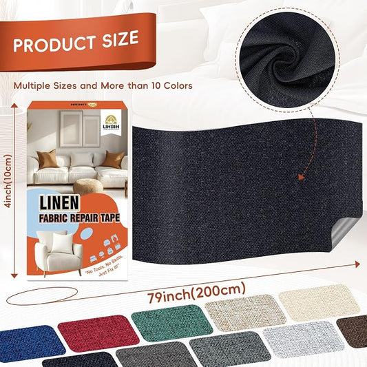Linen Fabric Repair Tape 4x79 Inch, Self Adhesive Couch Patch Repair Fabric Tape for Furniture, Linen Patch Kit for Couch, Carpet, Upholstery, Chair, Sofa, Pillows, Bag (Coarse, Black)
