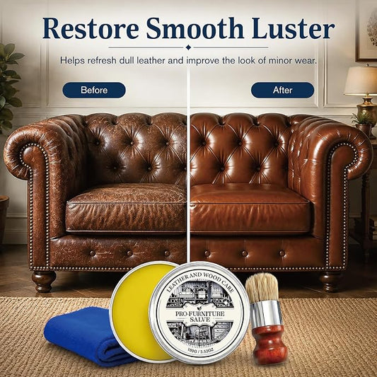 2PC Wood Repair & Furniture Salve - Leather Furniture Salve & Brush Set, Leather Couch Conditioner for Wood & Leather Conditioner, with Furniture Wax, Prevents Cracking & Fading