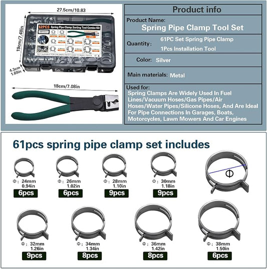 Automotive spring hose clamps 24-38 mm, 62 pcs fuel coolant pipe clamp tools in 8 sizes, used to fix hose interfaces in automotive, marine, gardening, and industrial applications