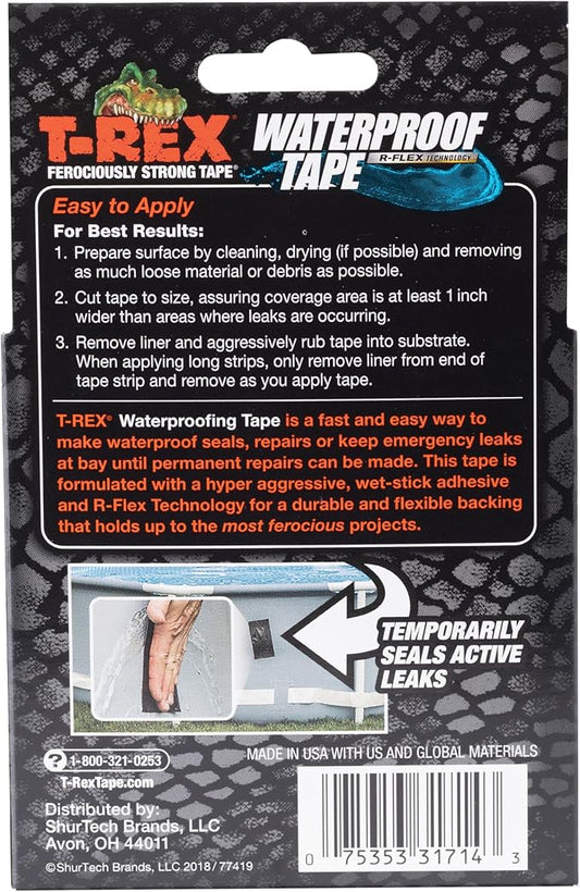 T-REX Heavy Duty Waterproof and Repair Tape for Wet or Rough/Dirty Surfaces Including Underwater, Leaks and More, 2" x 5', Black, 1-Roll (285988)