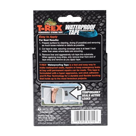 T-REX Heavy Duty Waterproof and Repair Tape for Wet or Rough/Dirty Surfaces Including Underwater, Leaks and More, 2" x 5', Black, 1-Roll (285988) (Pack of 2)