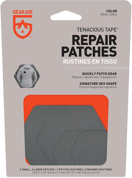 GEAR AID Tenacious Tape Hex – 2.5” & 1.5” Repair Patches (8 Patches: Four 2.5” & Four 1.5”, Gray) – Peel-and-Stick Outdoor Nylon Fabric to Fix Holes and Burns in Down Jackets, Rain Gear and Tents