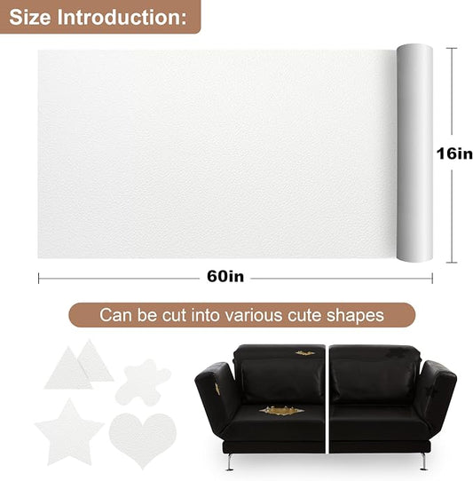 ONine Leather Repair Patch,Self-Adhesive Couch Patch,Multicolor Available Scratch Leather 16X60 Inch Peel and Stick for Sofas, Car Seats Hand Bags Jackets(White-Litchi Grain)