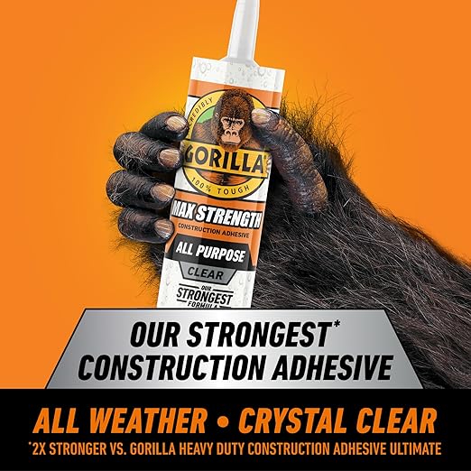 Gorilla Max Strength Construction Adhesive, Clear Glue, 9 Ounce Cartridge (Pack of 12) - Gap Filling and Waterproof