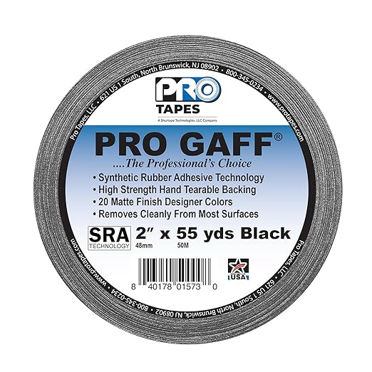 2" Pro Gaff Gaffers Tape 55 yards length black matte. Premium Heavy-Duty Gaffers Tape trusted by professional Gaffers. Made in the USA. Holds Tight, Easy to remove. (Pack of 24)