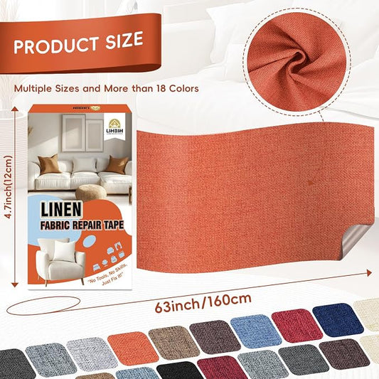 Linen Fabric Repair Tape 4.7x63 Inch, Self Adhesive Couch Patch Repair Fabric Tape for Furniture, Linen Patch Kit for Couch, Carpet, Upholstery, Chair, Sofa, Cushion, Bag (Brick Red)