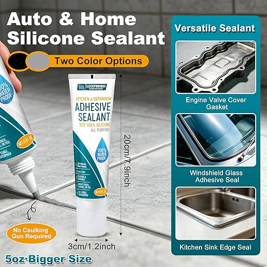 Silicone Sealant - 100% Waterproof, Flexible & Shrink Proof Caulk for Bathroom, Kitchen, Windows, Automotive – Strong Adhesion Sealant for Cracks, Gaps, Leaks 150ML/5Oz (Grey)