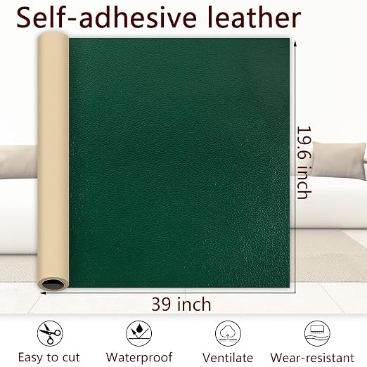 Olive Green Leather Repair Patch, 39.3 x 19.6 Inch Self Adhesive Leather Repair Tape, Large Vinyl Leather Repair Kit for Furniture, Car Seats, Sofats, Couch, Office Chair