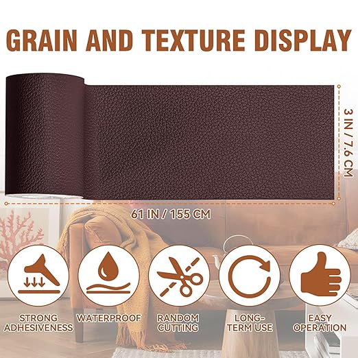 Vigorder Leather Repair Tape, 3" x 61" Self Adhesive Leather Repair Patch for Furniture, Sofa, Car Interior, Office Chair (Dark Brown)