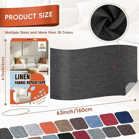 Linen Fabric Repair Tape 4.7x63 Inch, Self Adhesive Couch Patch Repair Fabric Tape for Furniture, Linen Patch Kit for Couch, Carpet, Upholstery, Chair, Sofa, Cushion, Bag (Black Grey)