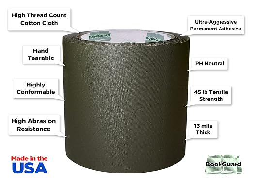 BookGuard 4 inch Premium Bookbinding Repair Cloth Tape, 15 Yard Roll, Olive