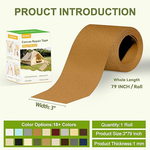 Besezx Canvas Repair Tape,Outdoor Gear Patch, 3x79 Inches,Waterproof Self-Adhesive Fabric Repair Tape for Repairing Boat Covers,Sun Shades,Sofas,Tents,Lounge Chairs,Awnings (Light Brown)