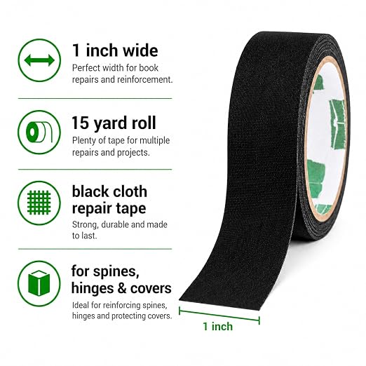 BookGuard 1 Inch Black Book Binding Tape, 15 Yard Book Repair Cloth Tape, Self-Adhesive Bookbinding Tape for Spines, Hinges, Covers, Bibles, Hymnals, Libraries and Schools