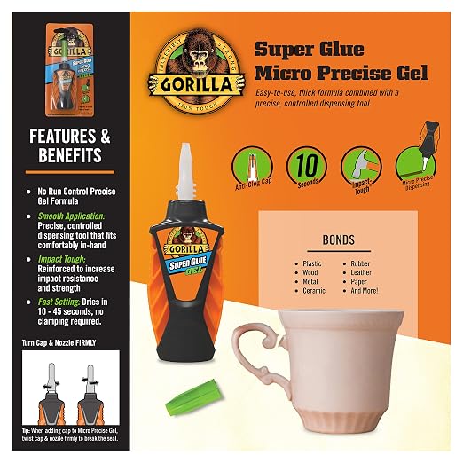 Gorilla Micro Precise Super Glue Gel, Cyanoacrylate Glue, Fast Setting, Precise Dispensing Tool, Anti-Clog Cap, Clear, 5.5g, (Pack of 2)
