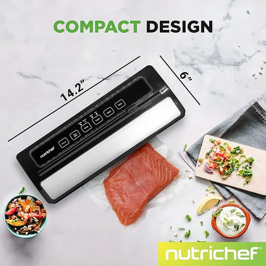 NutriChef Vacuum Sealer for Food - Automatic Electric Air Sealing Preserver System with Gentle and Normal Modes, Roll Cutter, Reusable Bags, Meal Prep Storage, Suitable for Dry/Moist Foods