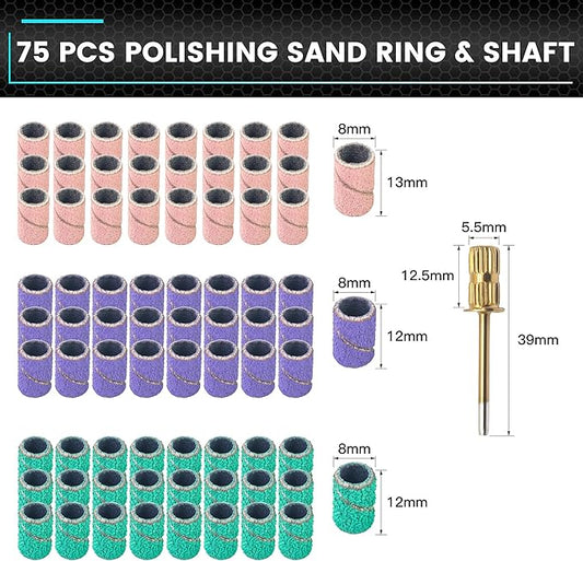75Pcs Sanding Drums Kit, 80 120 180 Grit Sanding Bands Mini Drum Sander Sleeves with 3/32-Inch Shank Drum Sanding Mandrels for Drill Dog Nail Grinder