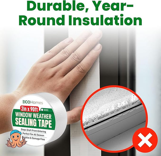 ECOHomes Window Weather Sealing Tape | Winter Weather Stripping Tape to Block Cold Drafts Through Window Gaps and AC Units, Insulation Seal and Draft Blocker for Home (4 Inch by 180 FT, White)