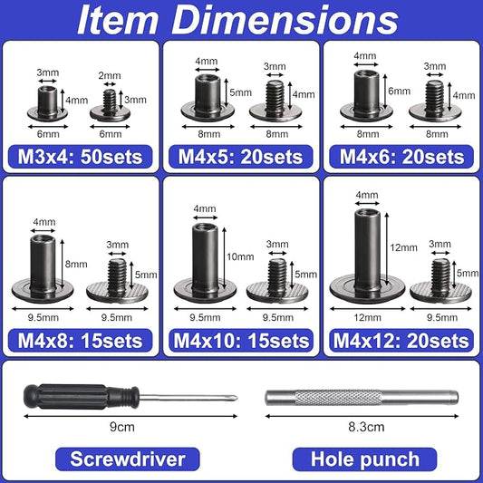 YORANYO 140 Sets Chicago Screws Leather Rivets Kit for Fabric Leather Crafting 6 Sizes Chicago Binding Screws for Decorate and Repair Belt Bag Shoes Purse Pet Collar Clothing Bookbinding (Gun-Metal)