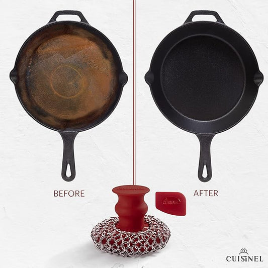 Cuisinel Cast Iron Chainmail Scrubber + Pan Scraper - Deluxe Ergonomic Stainless/Silicone Pot and Skillet Cleaner - Food-Safe Design - Easy to Clean Dishwasher Safe Cookware - Kitchen Sponge Accessory
