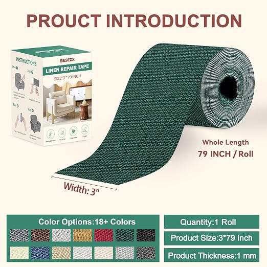 BESEZX Linen Fabric Repair Tape, 3x79 Inch Self Adhesive Repair Patches, Couch Fabric Tape for Furniture, Sofa, Chair, Upholstery.(Green)
