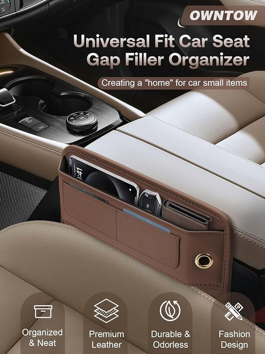 Universal Fit Premium Leather Car Seat Gap Filler Organizer, Center Console Organizer with Card Slots, Clever Gifts for Car SUV Truck Owners (Brown, 2 Pack)