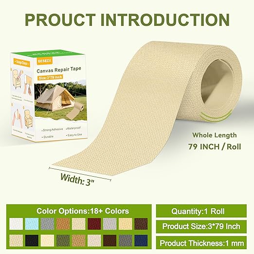 Besezx Canvas Repair Tape,Outdoor Gear Patch, 3x79 Inches,Waterproof Self-Adhesive Fabric Repair Tape for Repairing Boat Covers,Sun Shades,Sofas,Tents,Lounge Chairs,Awnings (Beige)