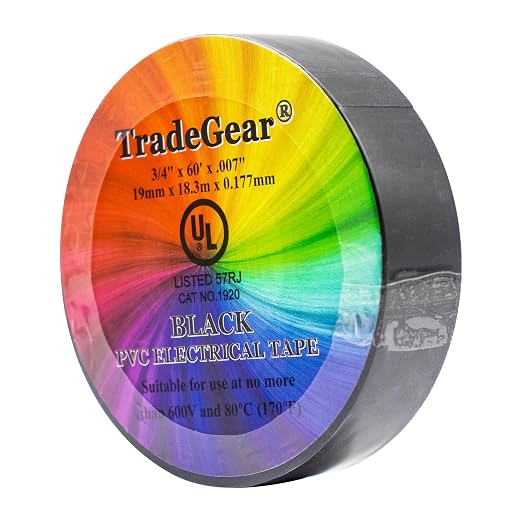 TradeGear Black 1 Pack - UL Listed Colored Electrical Tape, 60 ft x 3/4 in, 600V, Flame Retardant, Waterproof, Rubber Adhesive - Phase Marking, Wire ID, Automotive