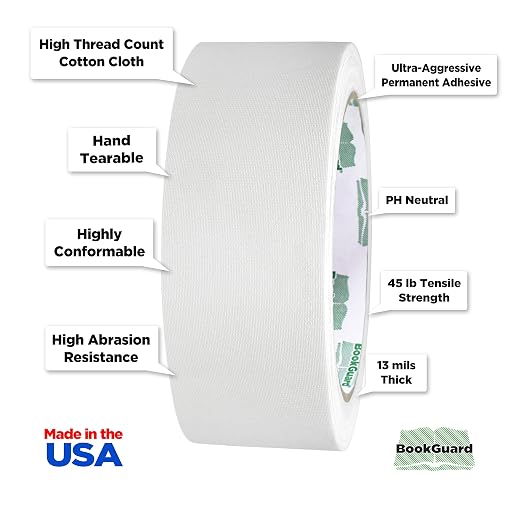 BookGuard 1-1/2 Inch Vinyl-Coated Cotton Cloth Bookbinding Repair Tape, 15 Yard Roll, White