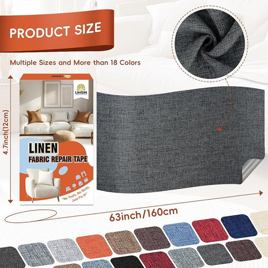 Linen Fabric Repair Tape 4.7x63 Inch, Self Adhesive Couch Patch Repair Fabric Tape for Furniture, Linen Patch Kit for Couch, Carpet, Upholstery, Chair, Sofa, Cushion, Bag (Dark Grey)