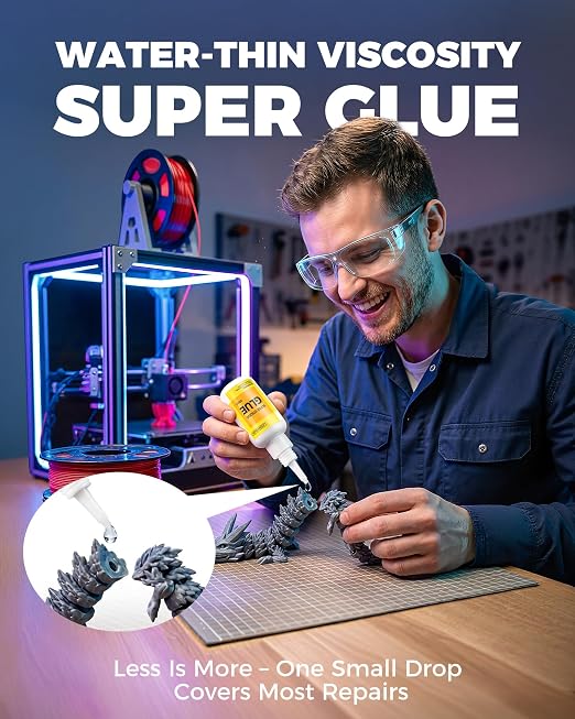 Super Glue for Plastic, PLA, ABS, PETG, PC, ASA, Acrylic, PVC, Dries Clear Liquid CA Adhesive for 3D Prints, Model Kits, RC Parts & Repairs, 40ml