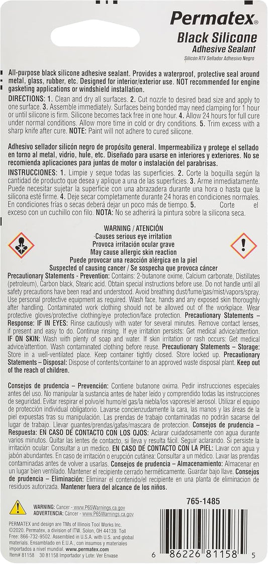 Permatex 81158 Black Silicone Adhesive Sealant, 3 oz. Tube, Pack of 1