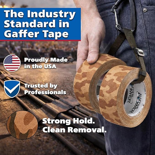 Gaffer Power Desert Tan Camo Gaffer Tape – Professional Grade, Made in USA, Non-Reflective Matte Cloth Tape, Heavy Duty, Easy Tear, Residue-Free – 2 Inch x 25 Yards