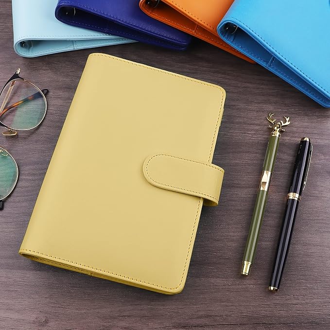 Antner A6 Binder 6 Ring Refillable Notebook Planner Cover for A6 Refill Paper, PU Leather Loose Leaf Personal Budget Planner Money Organizer Binder with Magnetic Buckle Closure, Yellow