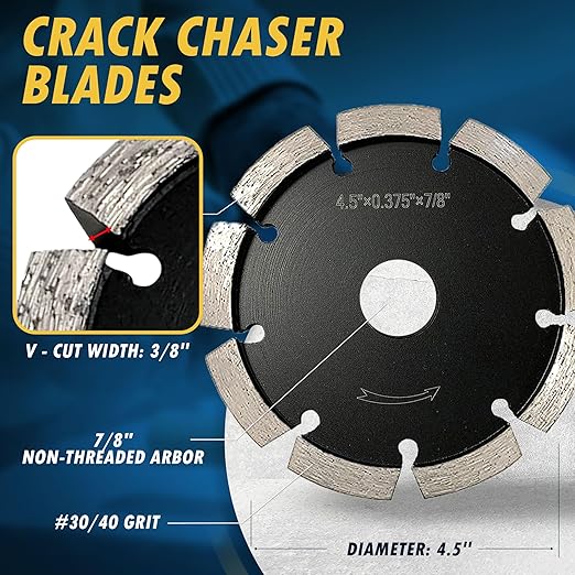 4.5" Diamond Crack Chaser Blades for Routing and Repairing Cracks in Concrete and Asphalt - 3/8" Width with a 7/8" Non-Threaded Arbor