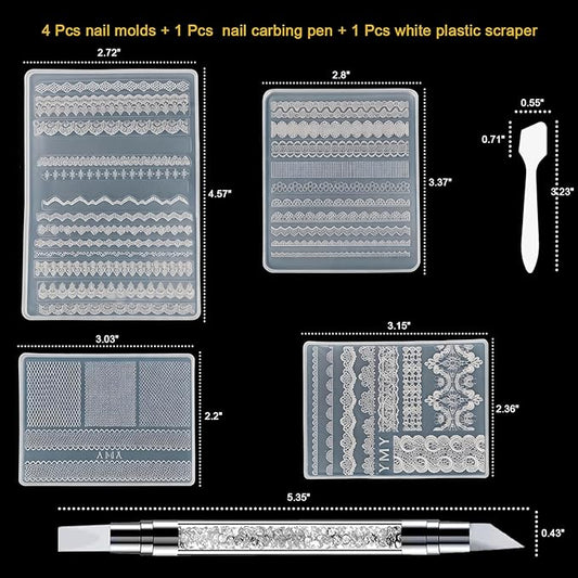 Lace Silicone Nail Molds, 4PCS 3D Lace Nail Art Mold with Carving Pen & Scraper, 3D Gel Nail Charm Mold for Nail Art Design, DIY Crafts, Resin Jewelry Decor
