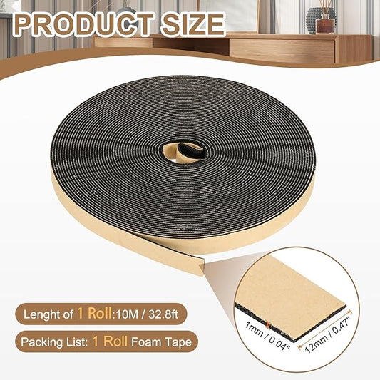 PATIKIL Foam Insulation Tape, 1/2" W x 1/16" t x 32.8FT Self Adhesive Weather Stripping Door Seal Strip for Door Window Air Conditioning, Black