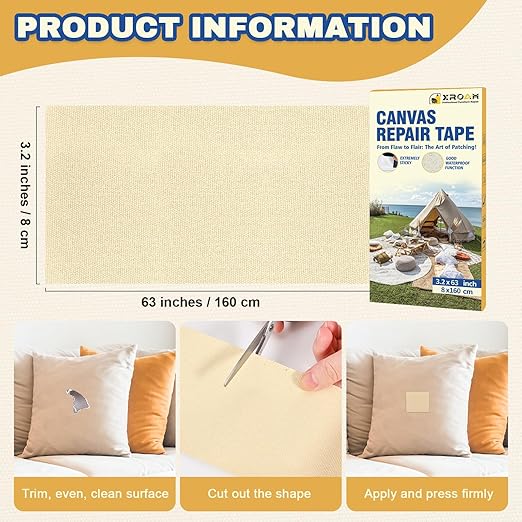 Canvas Repair Tape, 3.2 x 63 Inch Waterproof Heavy Duty Fabric Tape for Furniture, Self Adhesive Canvas Repair Patches for Boat Covers, Sofas, Tents, Louge Chairs, Canopy, Awning Black Gray