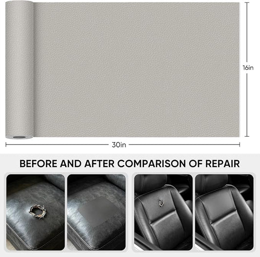 Leather Repair Tape,16 x 30 Inches Self Adhesive Leather Repair Patch,Leather Repair Kit for Furniture,Couches,Car Seats,Cabinets,Handbags(Light Grey)