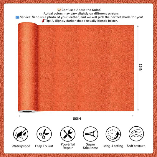Orange Leather Repair Tape, 16x80 Inch Leather Repair Patch Self-Adhesive, Waterproof Faux Leather Patch, Vinyl Repair Tape for Couch, Sofas, Furniture, Office Chair, Car Seats