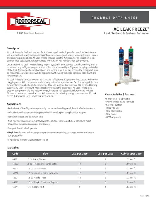 RectorSeal AC Leak Freeze Magic Frost with 1/4" Adapter 45322 Leak Sealant, Non- Polymer Formula & Safe for Refrigeration Systems, Easy Application, HVAC, 0.5 oz.