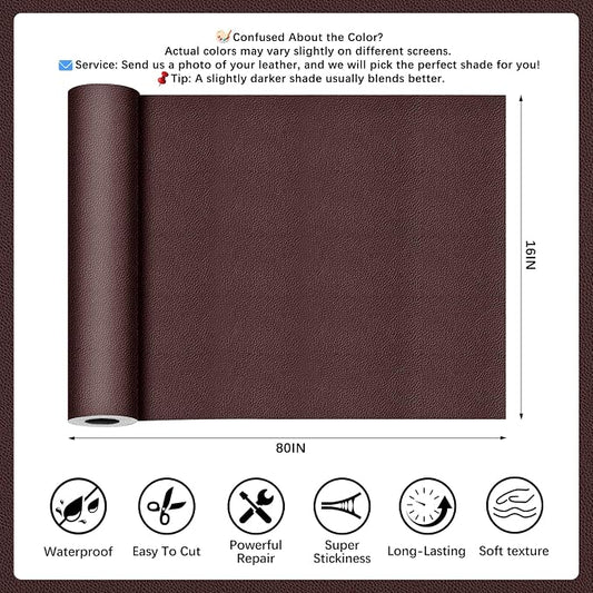 Coffee Leather Repair Tape, 16x80 Inch Leather Repair Patch Self-Adhesive, Waterproof Faux Leather Patch, Vinyl Repair Tape for Couch, Sofas, Furniture, Office Chair, Car Seats