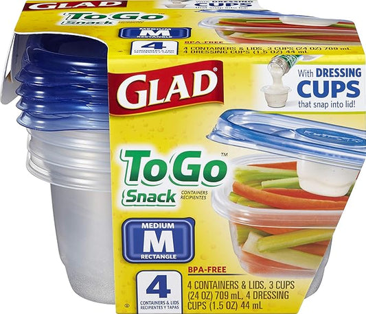 Glad GladWare To Go Snack Food Storage Containers with Lids, Medium Rectangle BPA Free Plastic with Built-In Dressing Cup for Salads and Snacks, Microwave Dishwasher Safe, 24 Oz, 4 Count - 6 Pack